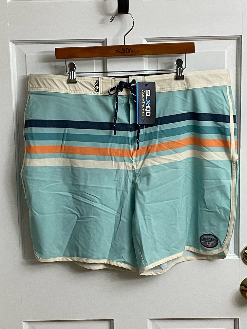 Salt Life Men’s Aqua Stripe Board Shorts with Navy and Orange Stripes